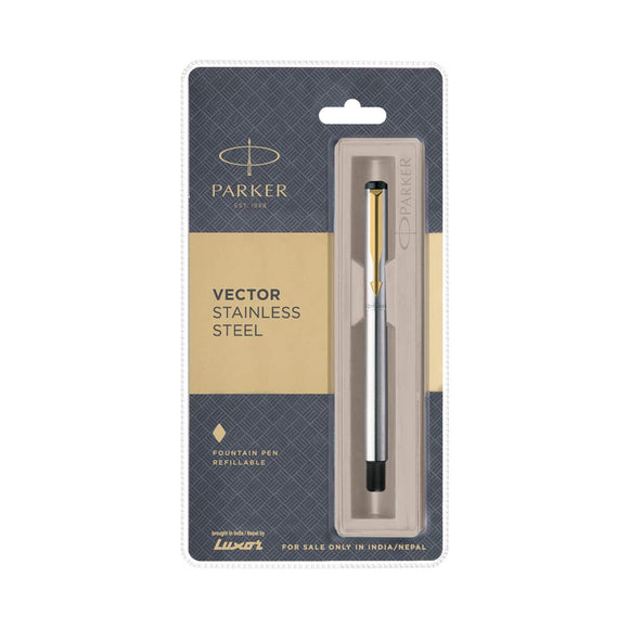 PARKER VECTOR STAINLESS STEEL GOLD TRIM FOUNTAIN PEN
